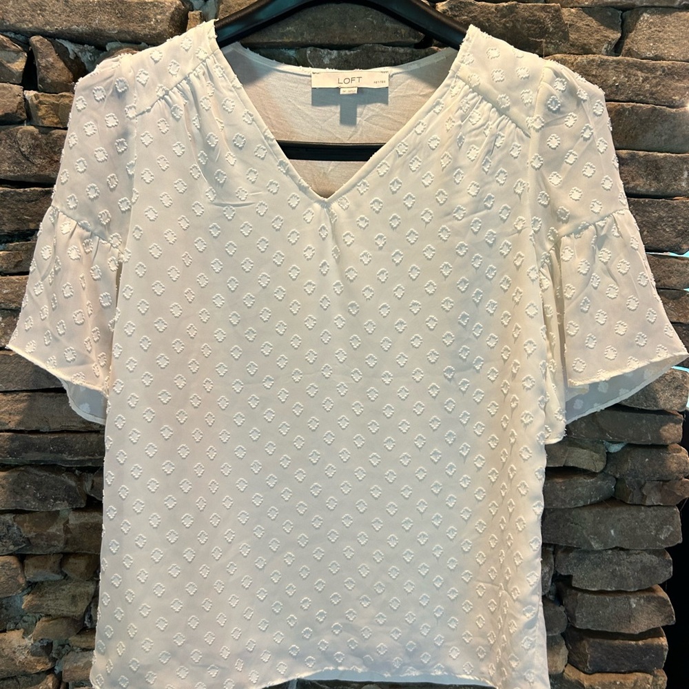 LOFT White Ruffled Blouse with Short Sleeves